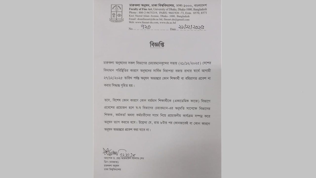ঢাবির চারুকলা অনুষদ ২৭ ডিসেম্বর পর্যন্ত বন্ধ, প্রবেশে কড়াকড়ি