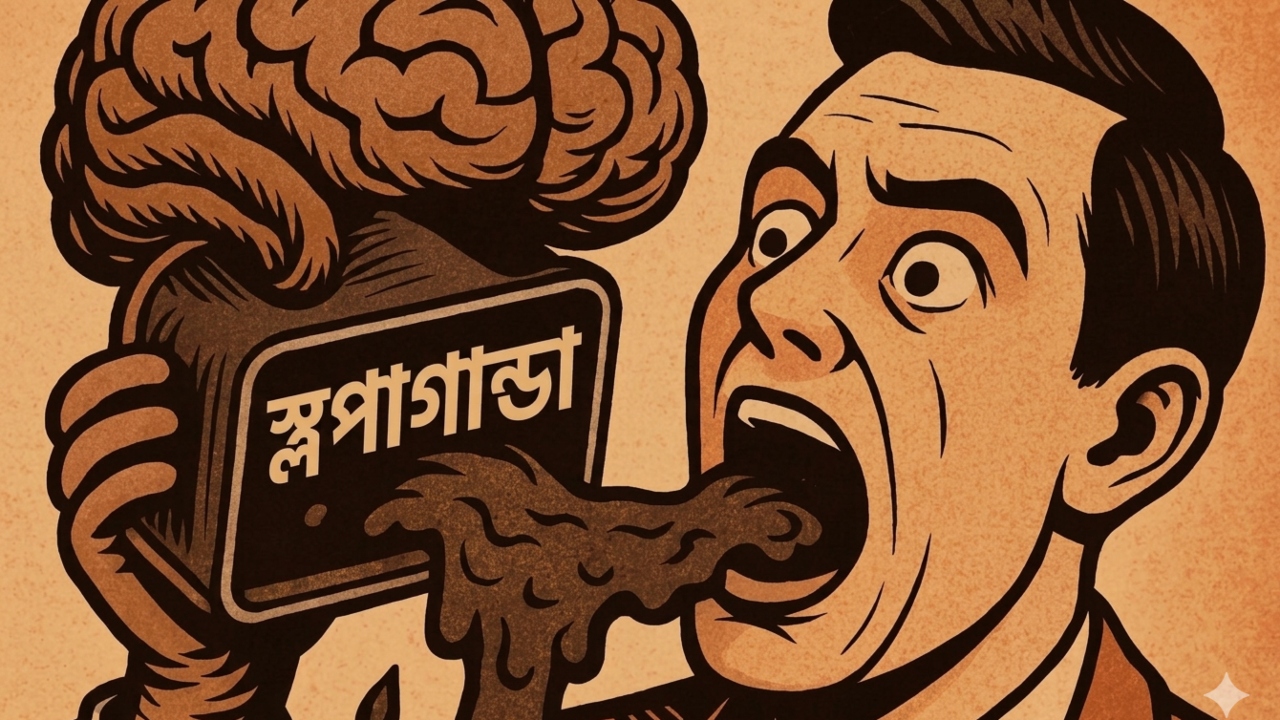 বাস্তব জগতকে মিথ্যা ও অর্ধ-সত্য দিয়ে কলুষিত করার একটি অত্যন্ত কার্যকর উপায় এই স্লপাগান্ডা। ছবি: এআই দিয়ে তৈরি